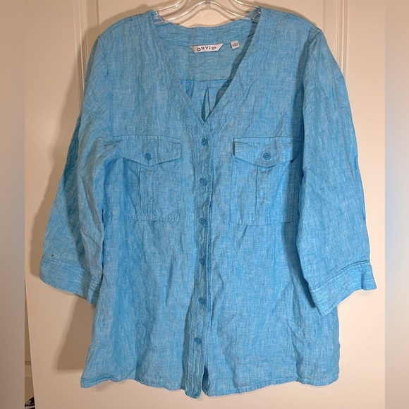 Orvis Tops - Orvis Teal Blue Linen Cuffed Sleeve Button Down Shirt, Size Medium